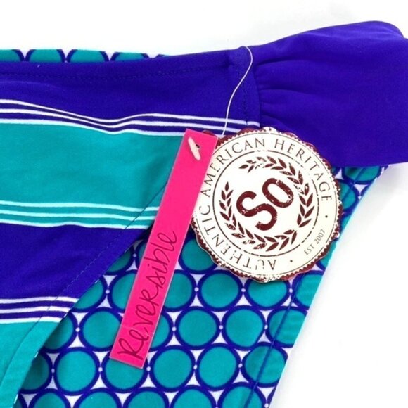 NWT Reversible Swimsuit Bikini Bottoms Juniors Sz Large Blue Teal Strip Ruched - Picture 3 of 10